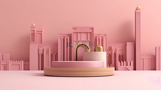 粉红色天房建筑和 3d 粉红色背景上的木制讲台