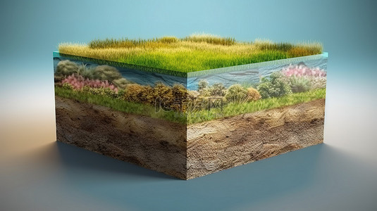 蓝天绿地背景背景图片_美丽的立方体景观的 3D 插图，其中有茂密的草原和土壤地质横截面，代表生态和蓝天背景上的地面