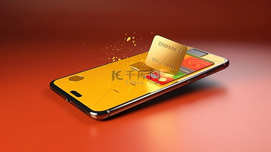 钱从银行卡飞入手机的 3D 渲染，描绘移动银行概念