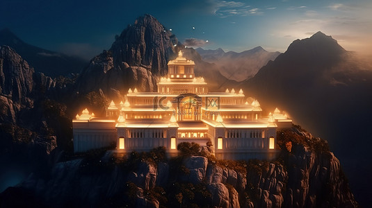 全景 3D 插图一座壮观的寺庙在山景中闪闪发光