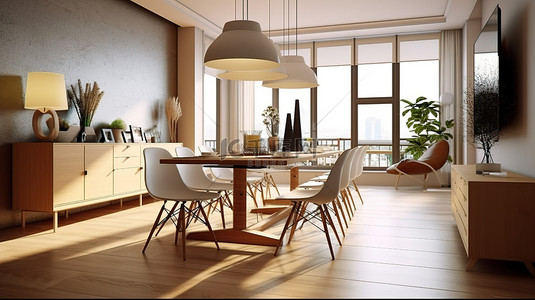 厨房效果图背景图片_现代餐厅室内设计装饰和家具，采用令人惊叹的 3D 效果图