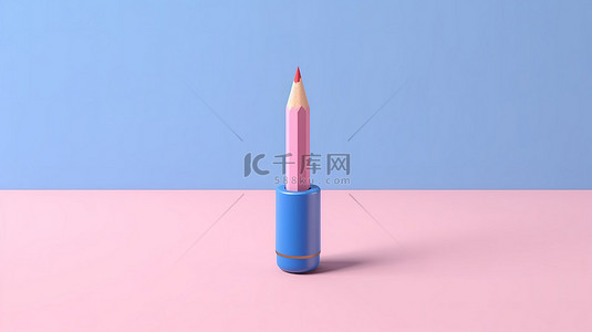 回到学校 3D 渲染蓝色铅笔在简约的粉红色背景上