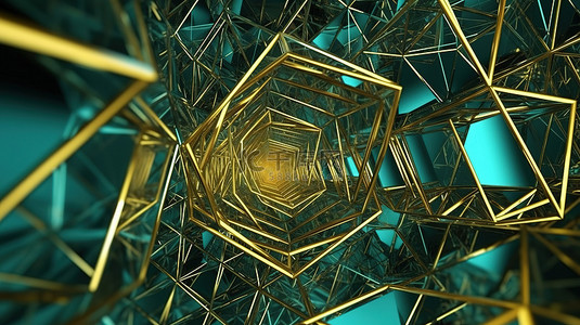 建筑奇迹背景图片_蓝绿色和金色抽象建筑的未来几何奇迹 3D 渲染