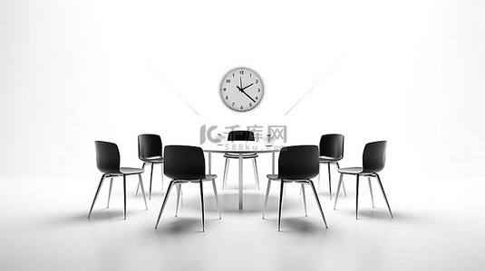 会议商务背景背景图片_带椅子和中心时钟的圆桌会议在 3d 中创建的白色背景上