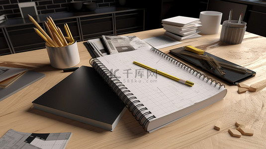 房子装修设计背景图片_在建筑师装饰师或设计师 3D 渲染的桌面上打开空白布局笔记本