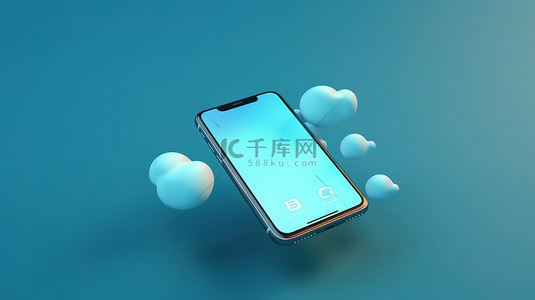 蓝色背景展示 3D 渲染中的智能手机，带有语音气泡和通知图标