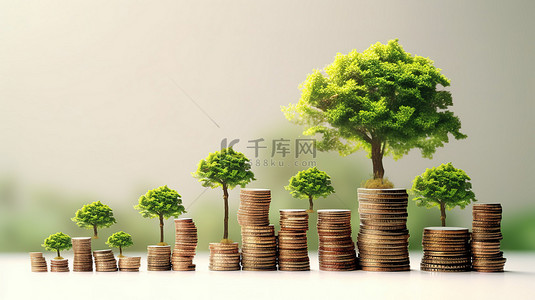 树启发了白色背景上的硬币堆叠增长，储蓄不断增长的视觉效果 3D 插图