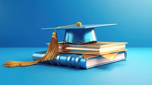 学位背景图片_蓝色背景的 3d 渲染与毕业帽和文凭