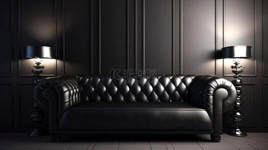 背黑色背景图片_现代室内设计，配有背光绘画和黑色绗缝皮革沙发，3D 可视化