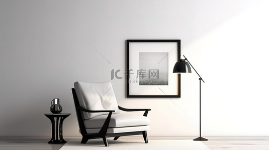 白蓝背景海报背景图片_极简主义室内 3D 渲染白墙，带模拟海报框架黑色椅子和灯