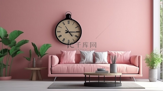 房子房子背景图片_粉红色的优雅客厅内部令人惊叹的 3D 渲染，配有著名的沙发装饰时钟和植物