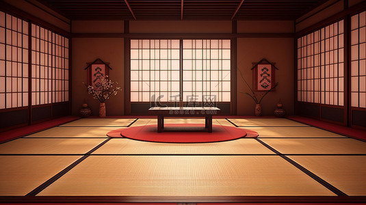 传统日本日式旅馆中配有榻榻米地板的空红色禅室的 3D 渲染