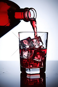 酒精瓶子背景图片_红色冰块旁边有一个装满液体的瓶子