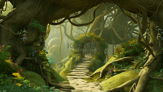 梦幻蘑菇背景图片_森林树藤石板路背景