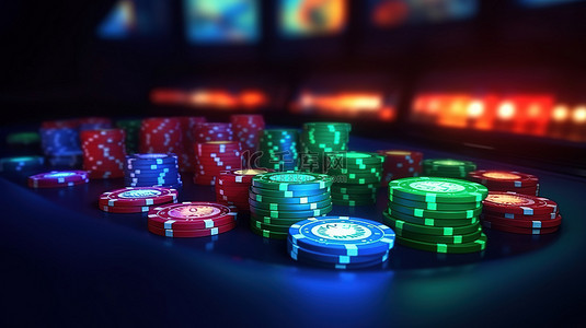 绿色牌桌背景图片_逼真的赌场筹码，采用红色蓝色和绿色高品质扑克筹码，位于绿色桌子上，蓝色照明3D 渲染