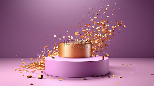豪华金色衬里讲台，配有五彩纸屑，用于庆祝淡紫色周年纪念产品
