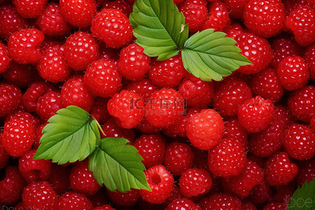 红树莓背景图片_一排红树莓，上面有一片绿叶