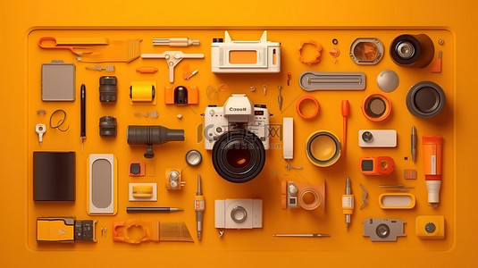 橙色背景上平铺艺术工具的顶视图 3D 渲染