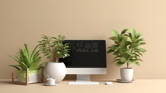 中控背景图片_简约的桌面，配有白色电脑和 3D 渲染中郁郁葱葱的植物模型