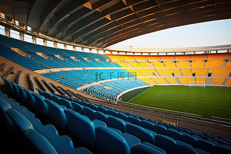 足球看台背景图片_一个足球场，里面有空的蓝色座位，周围有很多空间