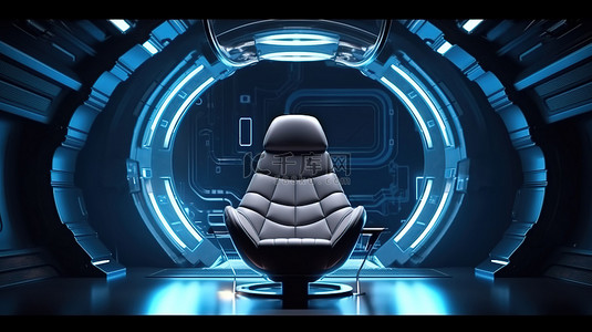 未来派宇宙飞船内部工作空间和椅子的抽象渲染