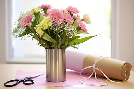 花瓶里的花和剪刀在桌子附近