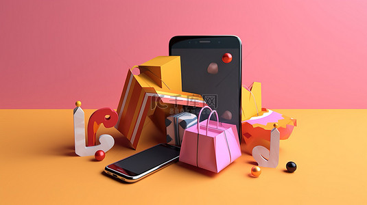 商店促销背景图片_3D 插图黑色星期五促销，包括智能手机购物袋信用卡和礼品