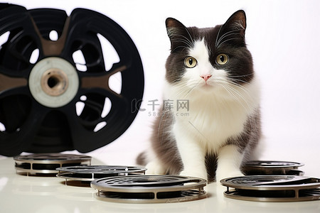 一只猫靠近一个大的黑色隔板和胶片卷轴