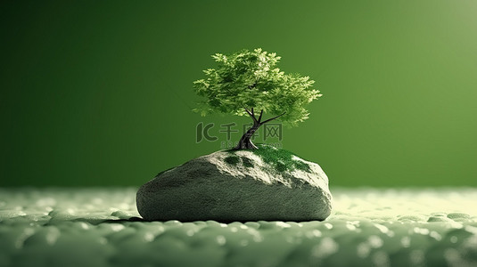 拥抱自然背景图片_大自然的拥抱郁郁葱葱的绿色植物和逼真的树影中的岩石的 3D 渲染