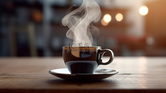 背景下午背景图片_在舒适的咖啡馆或办公室环境中，烟雾注入咖啡杯或巧克力的 3d 渲染