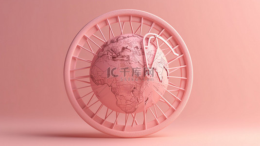 使用 3D 渲染技术创建的充满活力的粉红色背景上展示的地球形自行车车轮