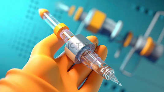 医生医院卡通背景图片_医生手持注射器的 3D 卡通风格医疗保健和疫苗接种插图