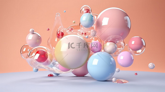 漂浮在空气中的柔和彩色形状 3D 渲染气泡斑点和球在孤立的背景上