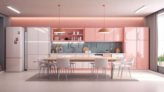 卡通房间背景图片_设备齐全的厨房的 3D 插图，配有橱柜水槽冰箱台面餐桌和椅子