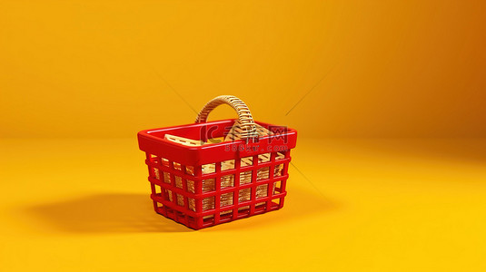 红色丝绸转场背景图片_带有红色杂货篮的购物概念黄色背景的 3D 渲染