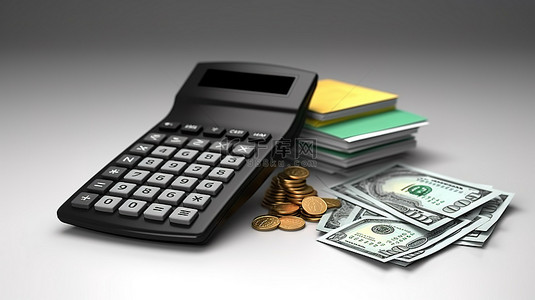 财务管理 计算器金钱和银行卡的 3D 渲染，用于收入和费用计算