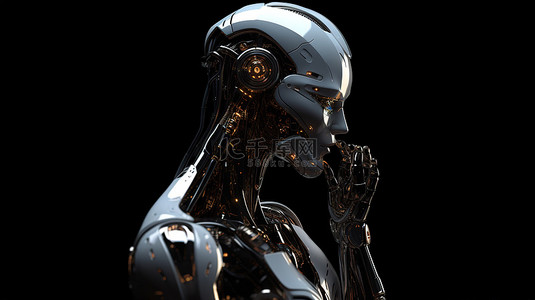 黑色背景下沉思 3D 渲染中的女性机器人或机器人