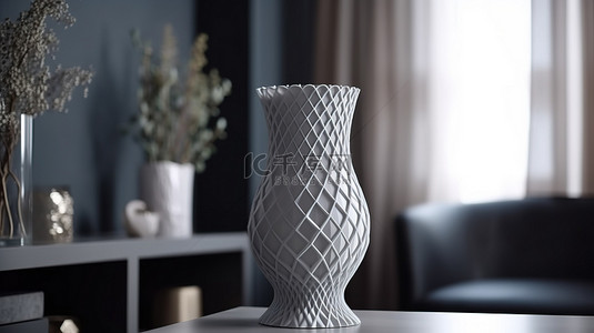 室内环境中桌子上站立的 3D 打印灰色花瓶的特写