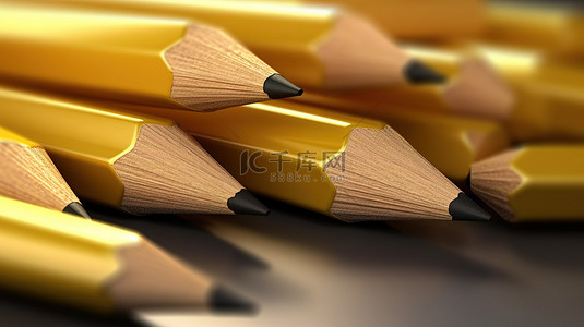 通过 3D 渲染展示的黄色铅笔系列