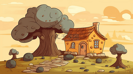 凉亭背景图片_卡通房子黄色的天空树背景