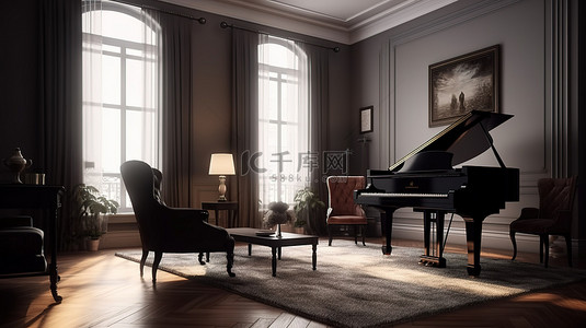 钢琴和扶手椅以 3D 渲染装饰经典客厅