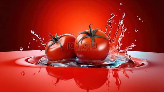 植物番茄背景图片_充满活力的红色背景，具有单独的番茄和以 3D 渲染的果汁番茄酱番茄酱和酱汁