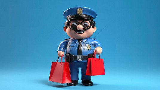 卡通警察拿着红色购物袋的滑稽 3D 描绘