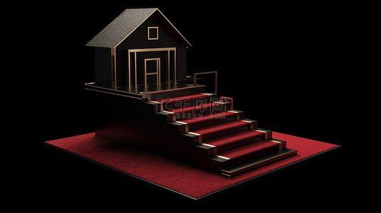 具有简约设计的标志性房屋框架的独立黑色背景 3D 渲染