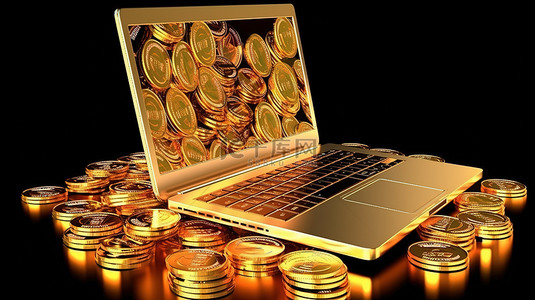 带有比特币货币的笔记本电脑的 3D 插图象征着商业财富和金融概念