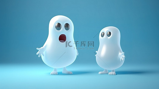 搞笑的 3D 渲染幽灵白色幽灵，蓝色背景上带有语音气泡