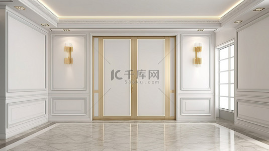 滑动衣柜背景图片_优雅的大厅，白色墙壁金色框架滑动衣柜 3d 渲染