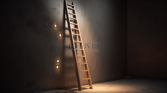 搁在混凝土墙上的梯子的照明 3D 渲染，头顶上有发光灯泡