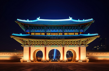 首尔宫殿在晚上有光条纹