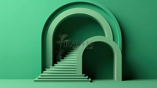 翡翠背景图片_楼梯和拱形几何结构的翡翠 3D 渲染
